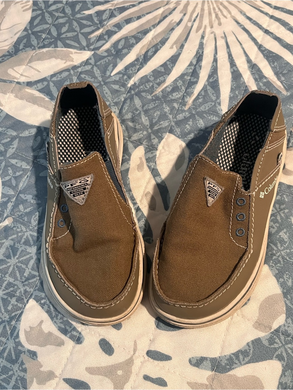 Columbia PFG Brown Canvas Rubber Boat Shoes Size 11 Slip On